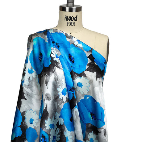 Mood Exclusive Italian Blue, Gray and White Wild Roses Silk Charmeuse