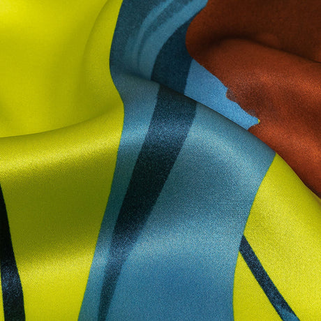Mood Exclusive Italian Yellow, Steel Blue and Russet Abstract Roses Silk Charmeuse