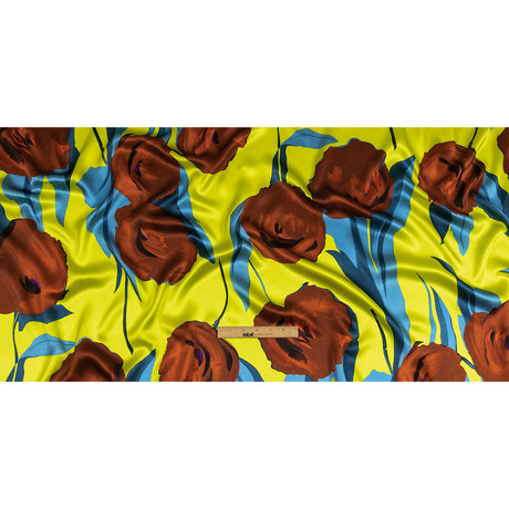 Mood Exclusive Italian Yellow, Steel Blue and Russet Abstract Roses Silk Charmeuse
