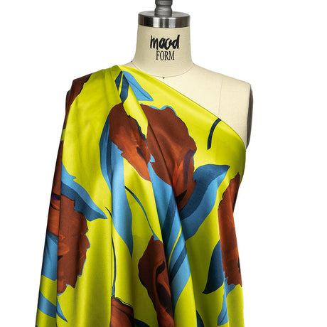 Mood Exclusive Italian Yellow, Steel Blue and Russet Abstract Roses Silk Charmeuse