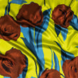 Mood Exclusive Italian Yellow, Steel Blue and Russet Abstract Roses Silk Charmeuse
