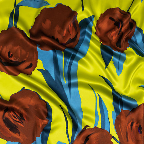 Mood Exclusive Italian Yellow, Steel Blue and Russet Abstract Roses Silk Charmeuse
