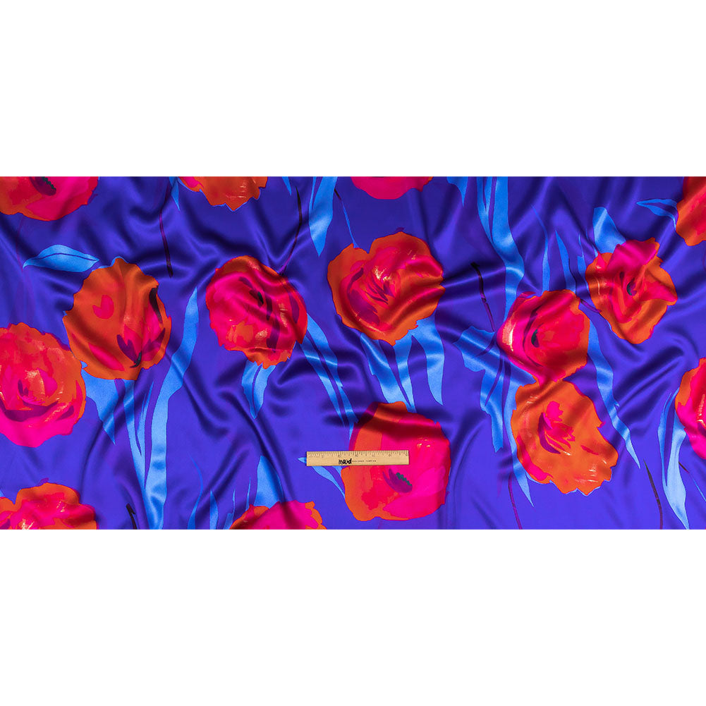 Mood Exclusive Italian Navy, Ultramarine and Magenta Abstract Roses Silk Charmeuse