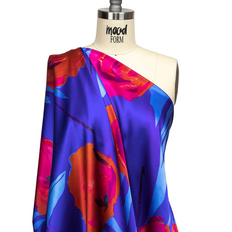 Mood Exclusive Italian Navy, Ultramarine and Magenta Abstract Roses Silk Charmeuse