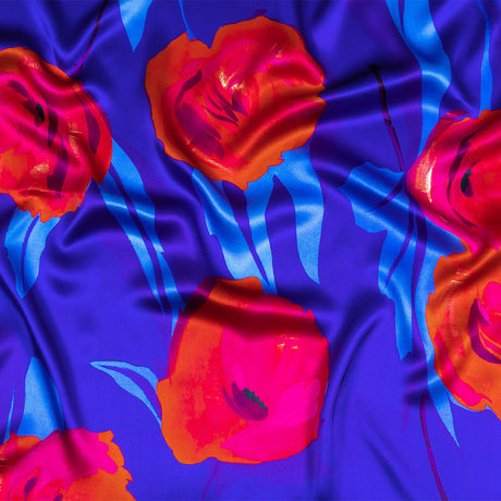 Mood Exclusive Italian Navy, Ultramarine and Magenta Abstract Roses Silk Charmeuse
