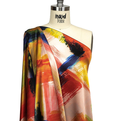Mood Exclusive Italian Ivory, Red and Black Iris Painterly Abstraction Silk Charmeuse