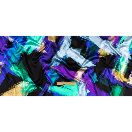 Mood Exclusive Italian Black, Mint and Purple Painterly Abstraction Silk Charmeuse