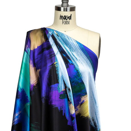 Mood Exclusive Italian Black, Mint and Purple Painterly Abstraction Silk Charmeuse