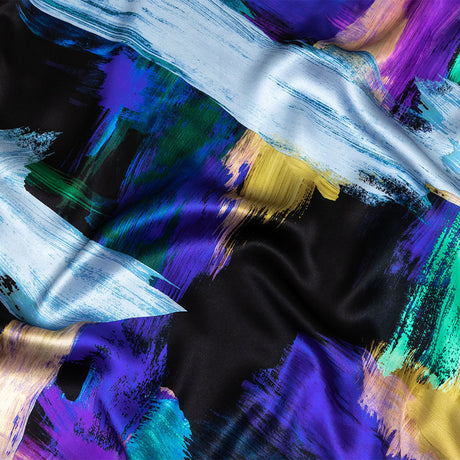 Mood Exclusive Italian Black, Mint and Purple Painterly Abstraction Silk Charmeuse