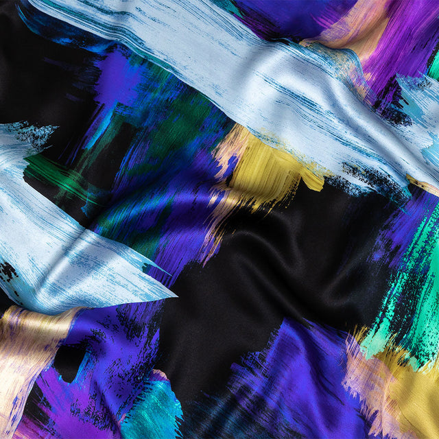 Mood Exclusive Italian Black, Mint and Purple Painterly Abstraction Silk Charmeuse