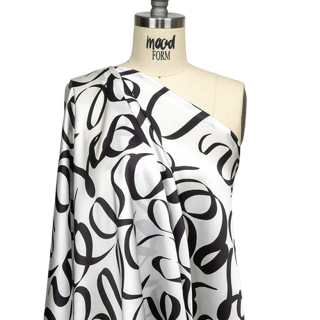 Mood Exclusive Italian Blanc de Blanc and Caviar Calligraphic Squiggles Silk Charmeuse