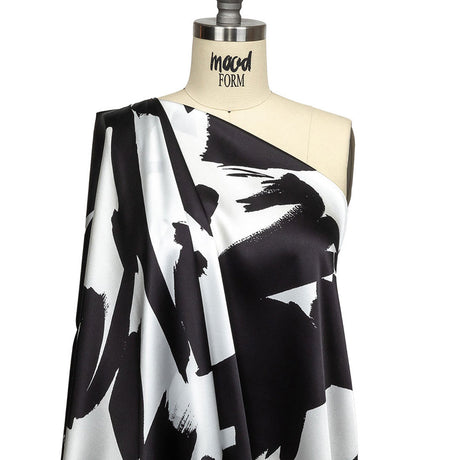 Mood Exclusive Italian White and Black Brushstrokes Silk Charmeuse