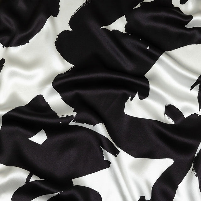 Mood Exclusive Italian White and Black Brushstrokes Silk Charmeuse