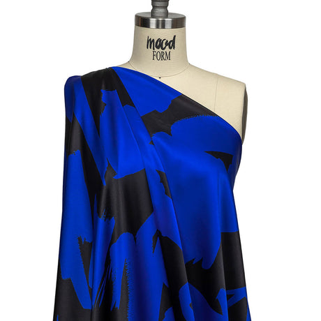 Mood Exclusive Italian Royal Blue and Black Brushstrokes Silk Charmeuse