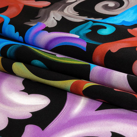 Mood Exclusive Italian Black and Rainbow Ornate Swirls Silk Charmeuse