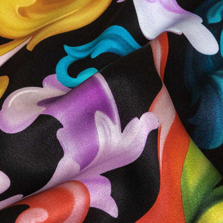 Mood Exclusive Italian Black and Rainbow Ornate Swirls Silk Charmeuse