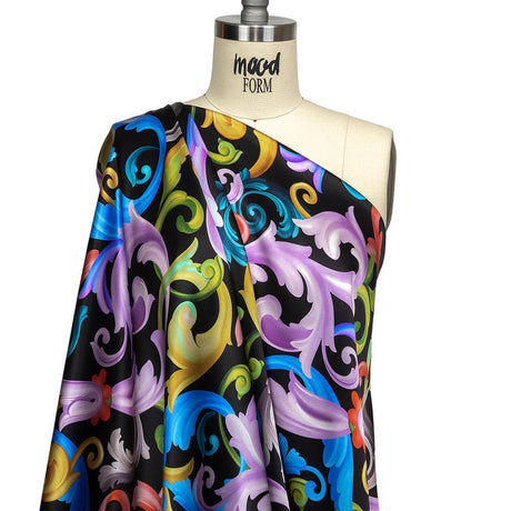 Mood Exclusive Italian Black and Rainbow Ornate Swirls Silk Charmeuse