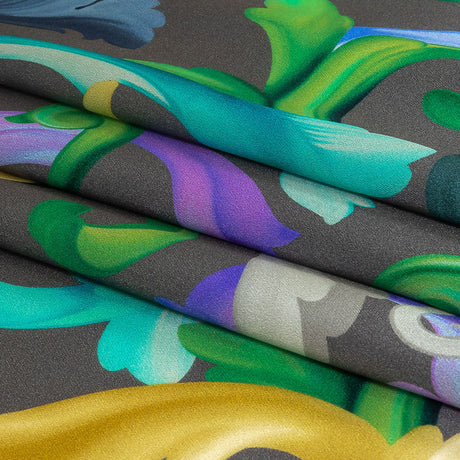 Mood Exclusive Italian Charcoal, Gold and Bougainvillea Ornate Swirls Silk Charmeuse