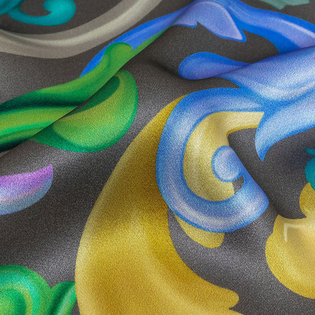 Mood Exclusive Italian Charcoal, Gold and Bougainvillea Ornate Swirls Silk Charmeuse