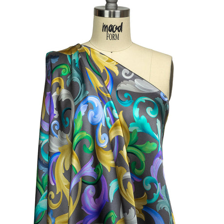 Mood Exclusive Italian Charcoal, Gold and Bougainvillea Ornate Swirls Silk Charmeuse