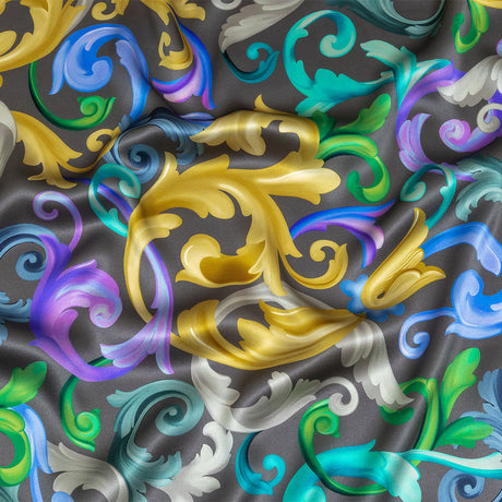 Mood Exclusive Italian Charcoal, Gold and Bougainvillea Ornate Swirls Silk Charmeuse