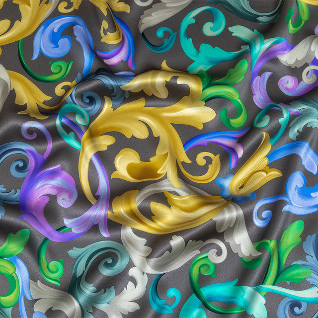 Mood Exclusive Italian Charcoal, Gold and Bougainvillea Ornate Swirls Silk Charmeuse