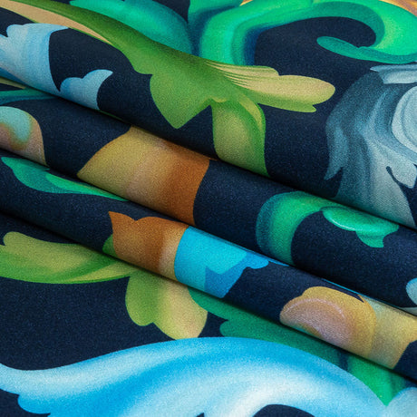 Mood Exclusive Italian Navy, Gold and Blue Ornate Swirls Silk Charmeuse