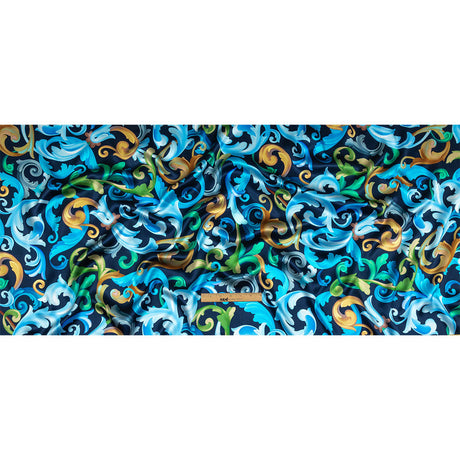 Mood Exclusive Italian Navy, Gold and Blue Ornate Swirls Silk Charmeuse