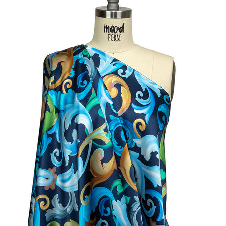 Mood Exclusive Italian Navy, Gold and Blue Ornate Swirls Silk Charmeuse