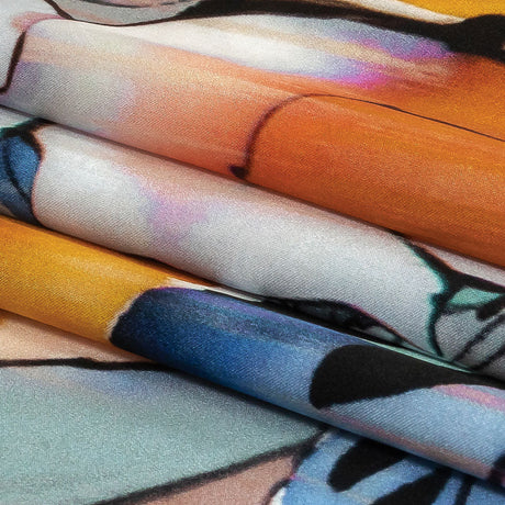 Mood Exclusive Italian Blue Gray, Harvest Pumpkin and Yellow Outlined Florals Silk Charmeuse
