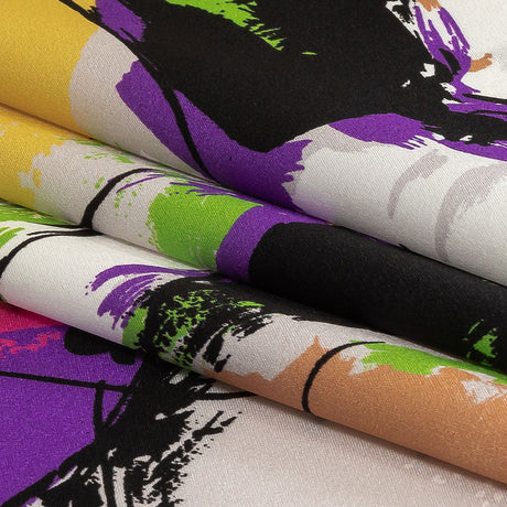 Mood Exclusive Italian Yellow, Raspberry Rose and Beige Linework and Brushstrokes Abstract Silk Charmeuse