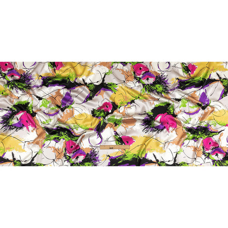 Mood Exclusive Italian Yellow, Raspberry Rose and Beige Linework and Brushstrokes Abstract Silk Charmeuse