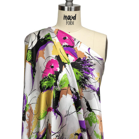 Mood Exclusive Italian Yellow, Raspberry Rose and Beige Linework and Brushstrokes Abstract Silk Charmeuse