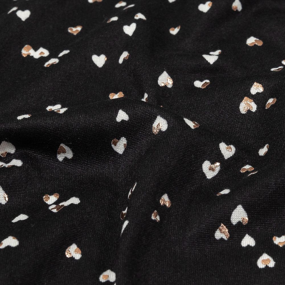 Black, White and Metallic Gold Foiled Hearts Brushed ITY Jersey