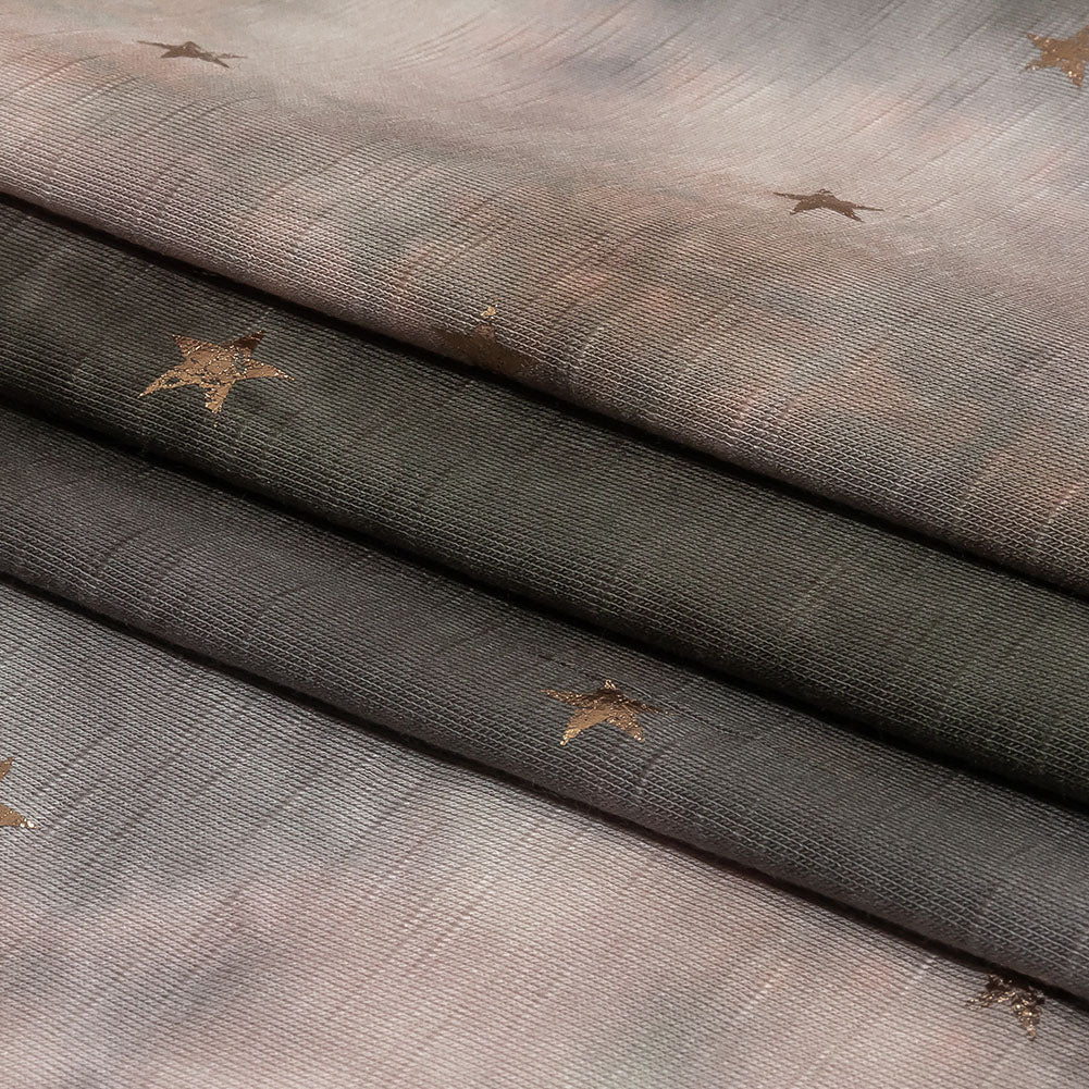 Pink, Olive and Metallic Gold Foiled Stars Slubbed Stretch Rayon Jersey