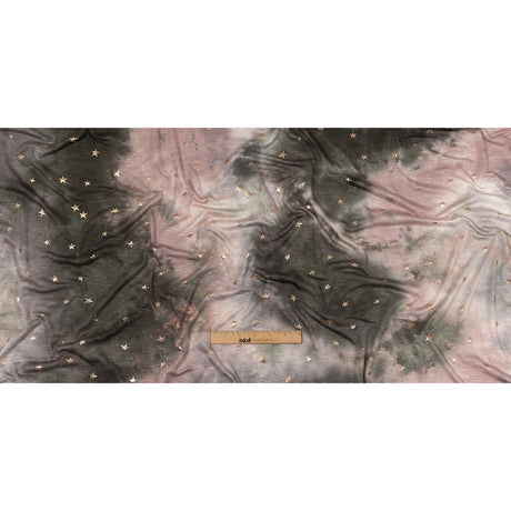 Pink, Olive and Metallic Gold Foiled Stars Slubbed Stretch Rayon Jersey