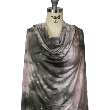 Pink, Olive and Metallic Gold Foiled Stars Slubbed Stretch Rayon Jersey
