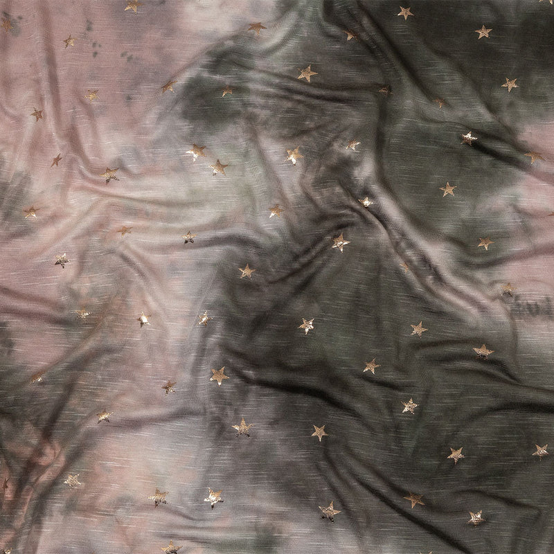 Pink, Olive and Metallic Gold Foiled Stars Slubbed Stretch Rayon Jersey