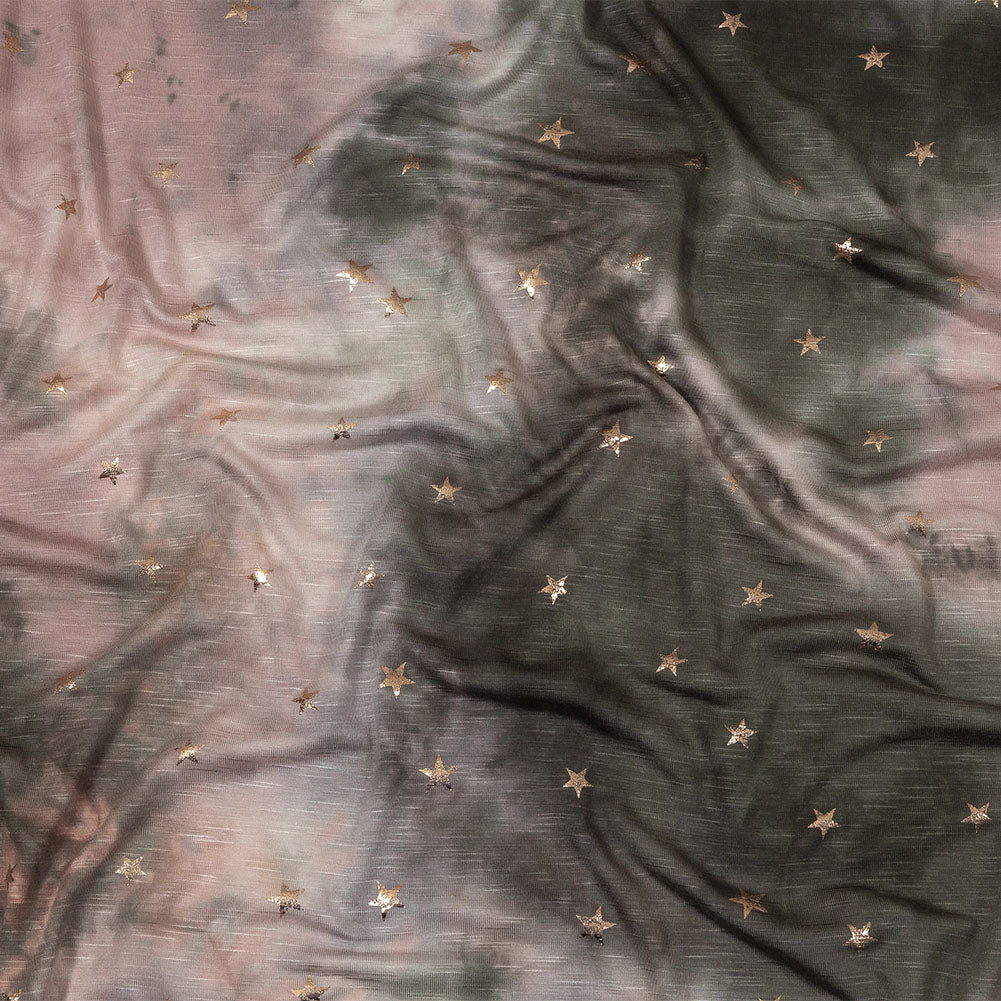 Pink, Olive and Metallic Gold Foiled Stars Slubbed Stretch Rayon Jersey