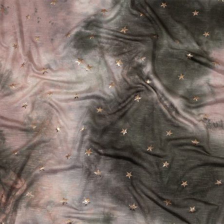 Pink, Olive and Metallic Gold Foiled Stars Slubbed Stretch Rayon Jersey
