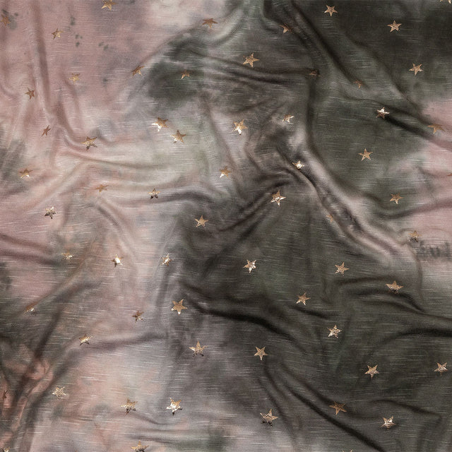 Pink, Olive and Metallic Gold Foiled Stars Slubbed Stretch Rayon Jersey