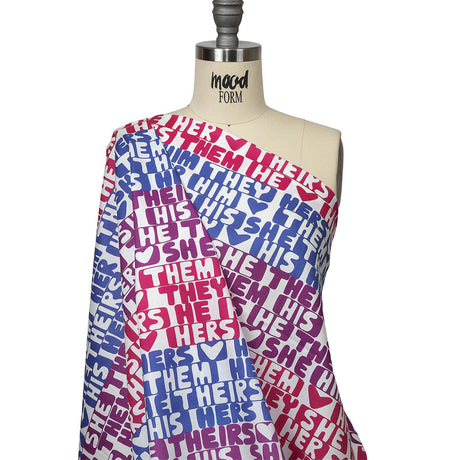 Mercerized Organic Egyptian Cotton Voile - Hot Pink, Blue and Purple Pronoun Stripes - More Than Words Print - Mood Exclusive Pride Collection