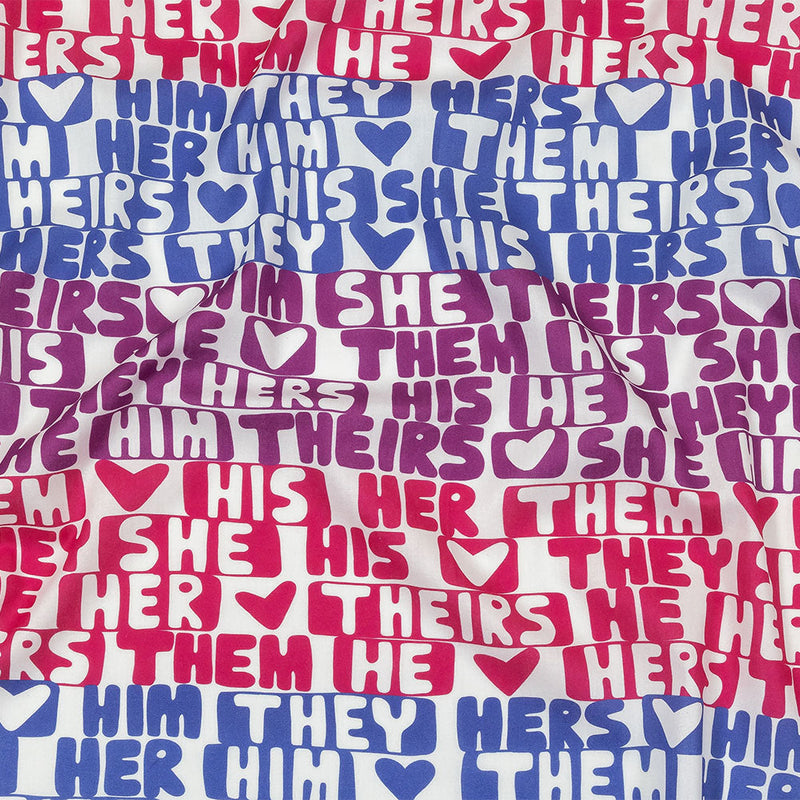 Mercerized Organic Egyptian Cotton Voile - Hot Pink, Blue and Purple Pronoun Stripes - More Than Words Print - Mood Exclusive Pride Collection