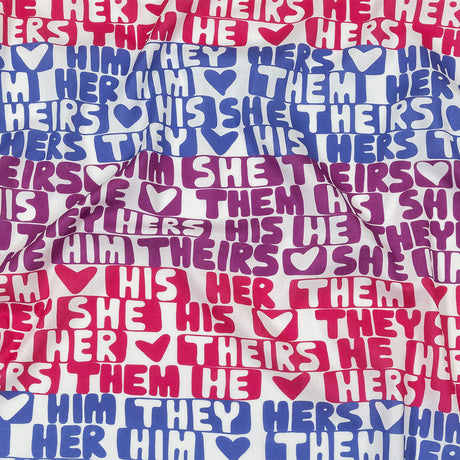 Mercerized Organic Egyptian Cotton Voile - Hot Pink, Blue and Purple Pronoun Stripes - More Than Words Print - Mood Exclusive Pride Collection