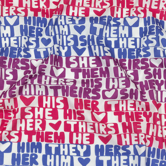 Mercerized Organic Egyptian Cotton Voile - Hot Pink, Blue and Purple Pronoun Stripes - More Than Words Print - Mood Exclusive Pride Collection