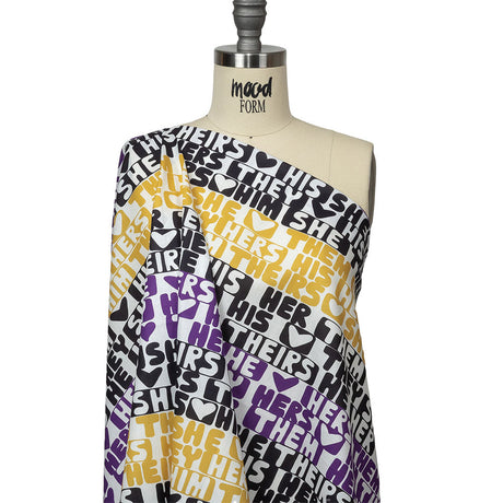 Mercerized Organic Egyptian Cotton Voile - Black, Purple and Yellow Pronoun Stripes - More Than Words Print - Mood Exclusive Pride Collection