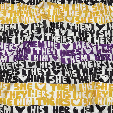 Mercerized Organic Egyptian Cotton Voile - Black, Purple and Yellow Pronoun Stripes - More Than Words Print - Mood Exclusive Pride Collection
