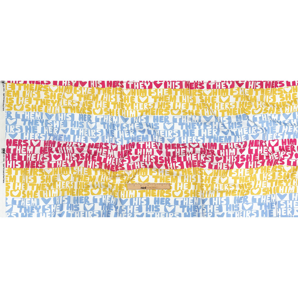 Mercerized Organic Egyptian Cotton Voile - Pink, Yellow and Blue Pronoun Stripes - More Than Words Print - Mood Exclusive Pride Collection