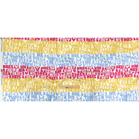 Mercerized Organic Egyptian Cotton Voile - Pink, Yellow and Blue Pronoun Stripes - More Than Words Print - Mood Exclusive Pride Collection
