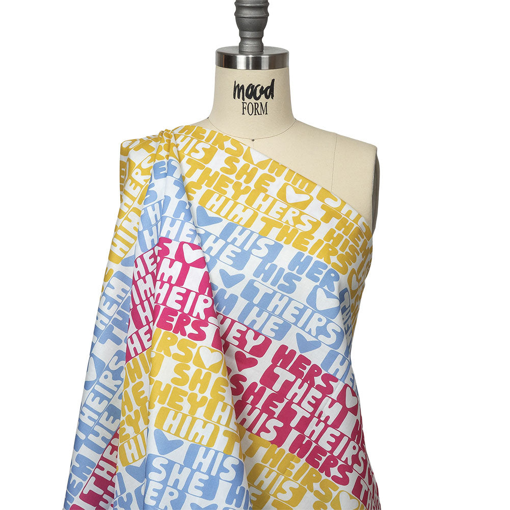 Mercerized Organic Egyptian Cotton Voile - Pink, Yellow and Blue Pronoun Stripes - More Than Words Print - Mood Exclusive Pride Collection